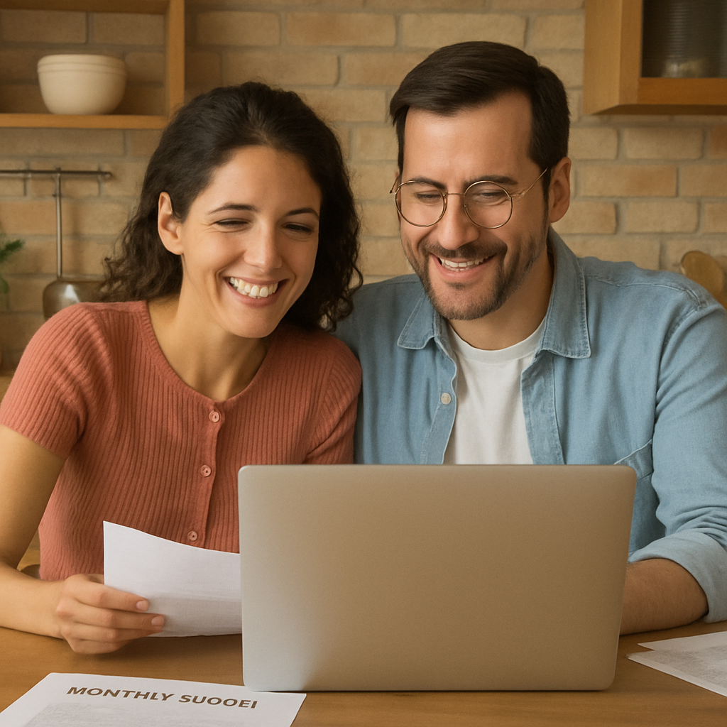 A couple smiling while reviewing their monthly budget on a laptop at the kitchen table