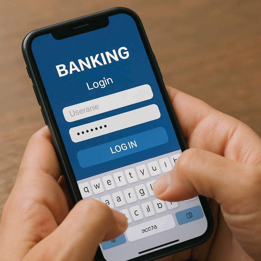 A close up of a person typing on a smartphone keyboard, logging into a banking application