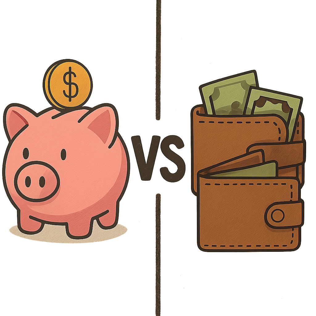 A split screen graphic comparing a single piggy bank with two separate wallets